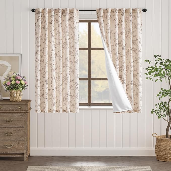 Taupe Floral Linen Lined Curtains Rod Pocket 50W X 63L 2 Panels | Charlotte - Image 2
