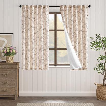 Taupe Floral Linen Lined Curtains Rod Pocket 50W X 63L 2 Panels | Charlotte - Image 2