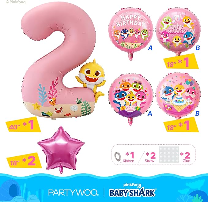 PartyWoo Baby Shark Pink Foil Round Star Mylar Number 2 Balloons 5pcs | Balloons - Image 3