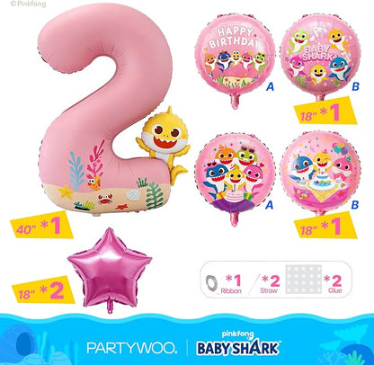 PartyWoo Baby Shark Pink Foil Round Star Mylar Number 2 Balloons 5pcs | Balloons - Image 3