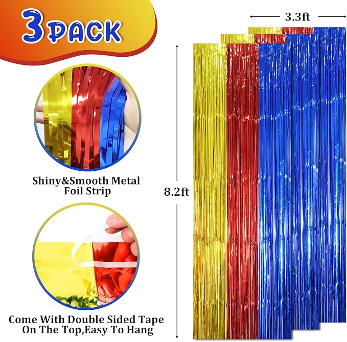 Voircoloria 3 Pack 3.3 x 8.2 ft Blue Red Gold Foil Fringe Backdrop Curtains - Image 2