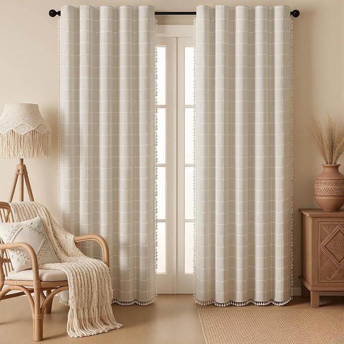 Boho Blackout Plaid Curtains 90 Inch Drapes Linen Blend 2 Panels | Vintage by Unknown