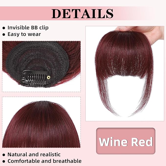 NAYOO Clip in Bangs - 100% Human Hair French Bangs Clip in Hair Extensions, Red French Bangs Fringe with Temples Hairpieces for Women Curved Bangs for Daily Wear