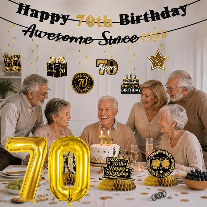 70th Birthday Decorations For Men Women, Pre-Strung Black Gold Happy 70th - Image 3