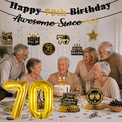 70th Birthday Decorations For Men Women, Pre-Strung Black Gold Happy 70th - Image 3