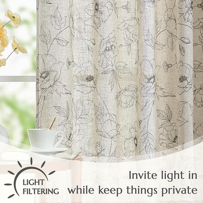 jinchan Linen Floral Curtains for Living Room 84 Inch Length Grey Flower - Image 3