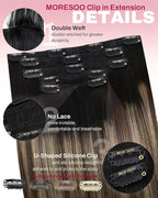 Moresoo Clip in Hair Extensions Real Human Hair Balayage Black to Brown with Dark Blonde 5pcs 80g Remy Straight Invisible Lace Double Weft Ombre Human Hair Clip in Extensions 16inch