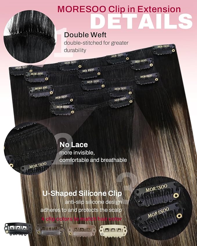 Moresoo Balayage Hair Extensions Clip in Human Hair Highlight Clip in Extensions Remy Human Hair Ombre Off Black Fading to Brown Mixed Golden 5pcs 80g 12Inch