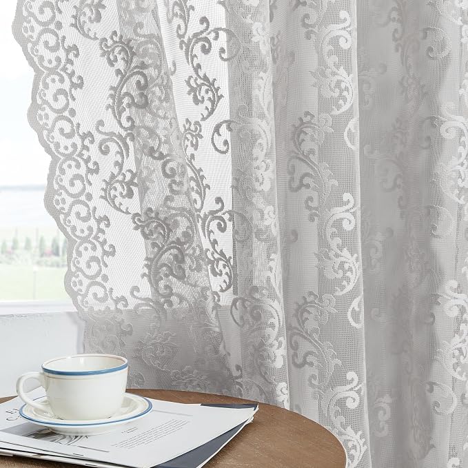 FOLKSIDE Grey Lace Curtains 84 Inches Long 2 Panels Ash Vintage Paisley Lace by FOLKSIDEHomeDecoration