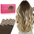 WENNALIFE Tape in Hair Extensions Human Hair, 20pcs 40g 12 inch Ombre Walnut Brown to Ash Brown and Bleach Blonde Remy Hair Extensions Straight Human Hair Tape in Extensions Skin Weft Tape Extensions