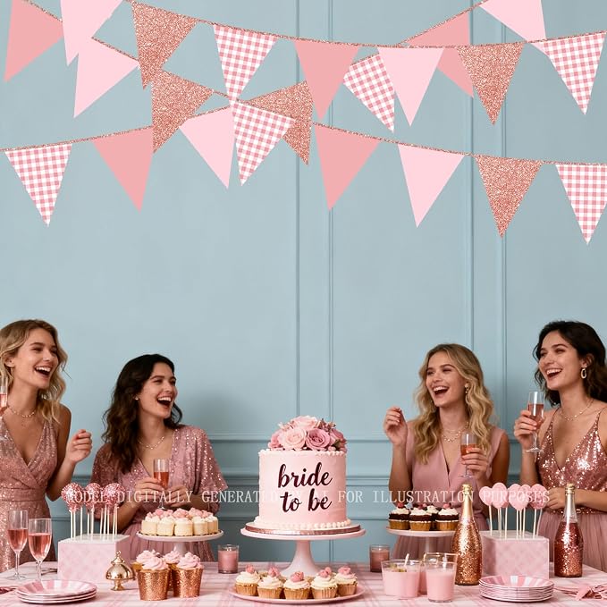 Dusty Rose Pink Buffalo Plaid Rose Gold Party Decorations Pennant Banner Flag - Image 8