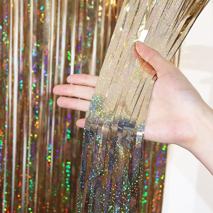 Voircoloria Champagne Foil Fringe Backdrop Curtains, Birthday Party Decorations - Image 2