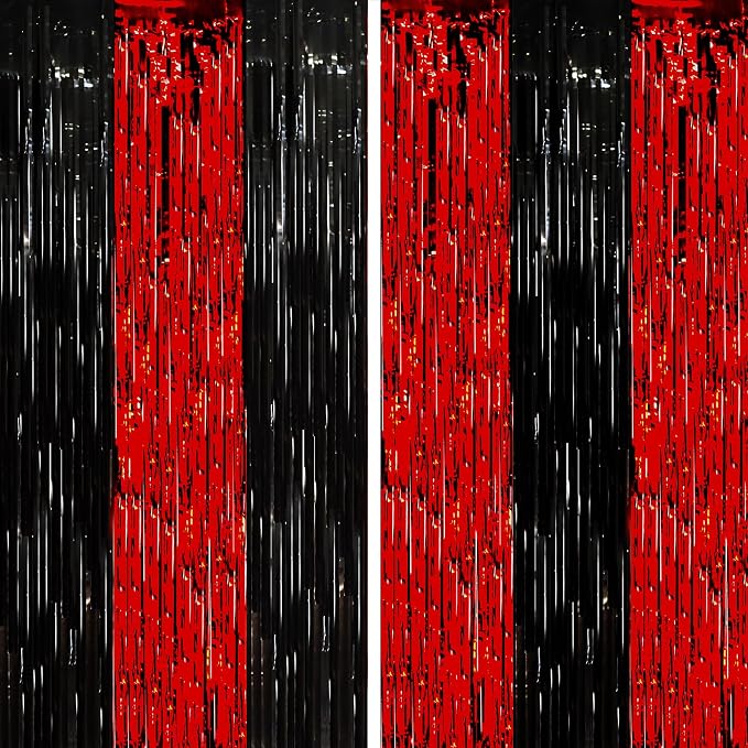 Voircoloria Red Black Foil Fringe Backdrop Curtains, 2 Pack | Tinsel Streamers by Voircoloria