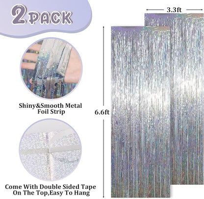 Voircoloria Laser Silver Foil Fringe Backdrop Curtains, 2 Pack | Tinsel - Image 3