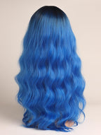 Blue Hair Wavy Wigs With Bangs For Women Synthetic Blue Wigs For Daily Use Everyday Wear.