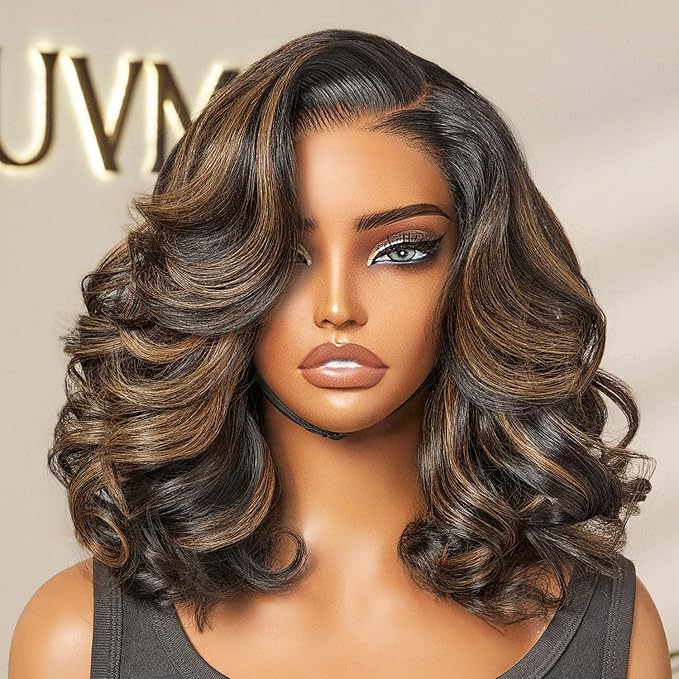 LUVME HAIR 100% Human Hair Wigs Loose Wave Glueless Lace Front 14 Inches, Pre Cut Plucked Hd Lace Short Wig Ready To Go Highlight Color Straight Bleached Knots Side Part Wigs