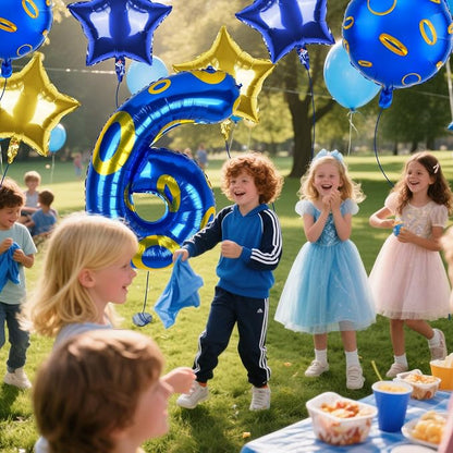 40 Inch Blue and Golden Ring Themed Number Balloon, Number Block Foil Number 6 - Image 7