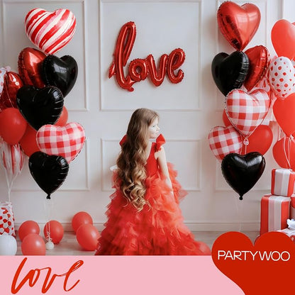 PartyWoo Red Black Red Black Mylar Heart Foil Balloons 15pcs 18 Inch | Balloons - Image 2