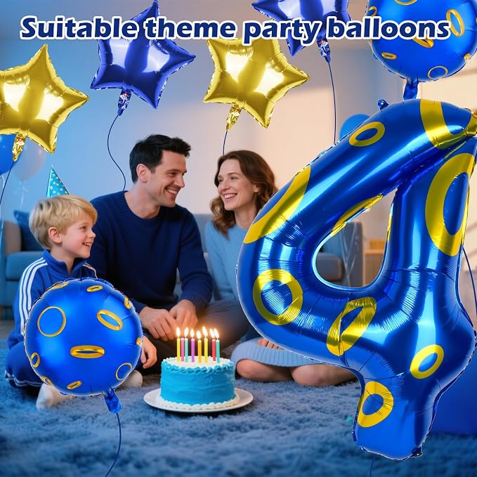 40 Inch Blue and Golden Ring Themed Number Balloon, Number Block Foil Number 4 - Image 4