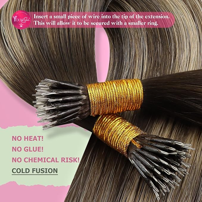 YoungSee Nano Ring Hair Extensions Ombre Brown 24Inch Nano Extensions Human Hair Balayage Dark Brown with Caramel Blonde Nano-Bead Hair Extension Long for Wedding 50G/S
