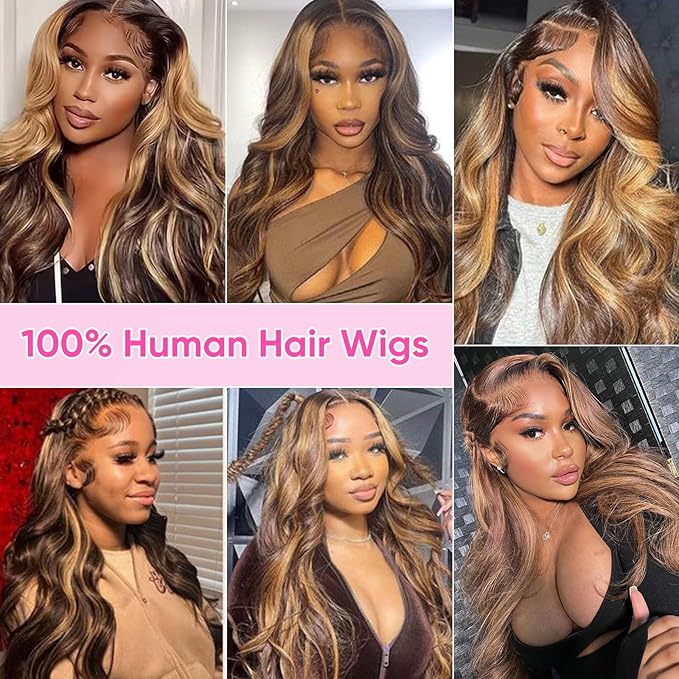 Honey Blonde Ombre 13x6 Lace Front Wig Human Hair 210 Density Highlight Body Wave Lace Front Wigs Human Hair Pre Plucked Glueless Lace Frontal Wig for Women 4/27 Colored 22Inch