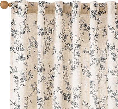 Black Vintage Floral Linen Curtains Farmhouse 50W X 84L 2 Panels | Elisa Series by Lazzzy