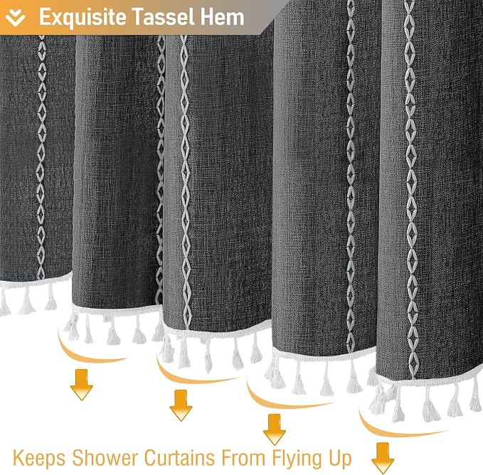 Charcoal Grey Boho Farmhouse Linen Heavy Duty Shower Curtain, 72x72 | 330GSM - Image 6