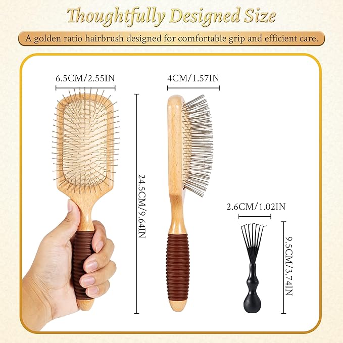 BFWood Paddle Hair Brush with Steel Bristles, Metal hair brush, Help Hair Growth and Massaging Scalp, Anti-frizz Metal Detangling Brush Styling Hairbrush