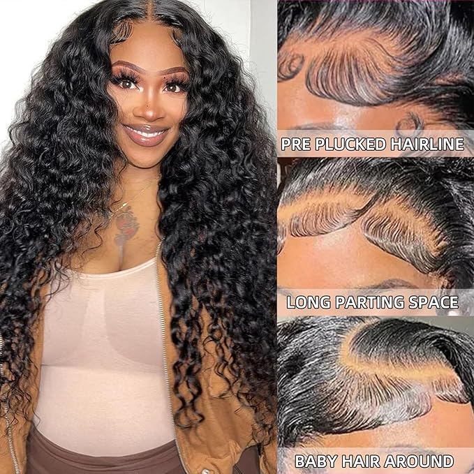 32 Inch Deep Wave Lace Front Wigs Human Hair, 13x6 HD Lace, 200% Density, Curly, Water Wave, Glueless, Black, Female, 1 Count