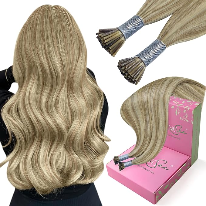 YoungSee Itip Hair Extensions Brown Highlight 20In Human Hair I Tip Extensions Light Brown Highlight Blonde Cold Fusion Hair Extension 50s 50g I-Tip Hair Extension Easy to Blend with Natural Hair