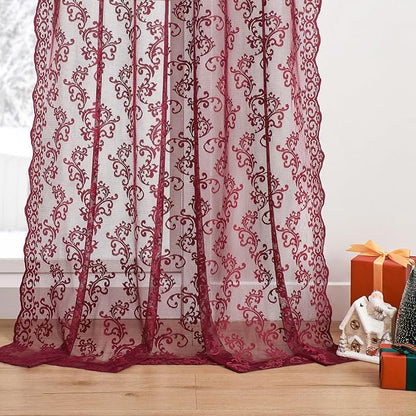 FOLKSIDE Burgundy Lace Curtains 45 Inch Length 2 Panels Set Wine Victorian Lace - Image 5