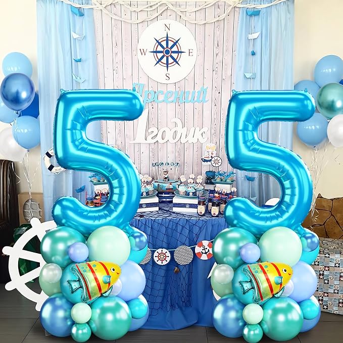 40 Inch Number 5 Balloon Blue Ocean Under the Sea Number Five Foil Balloons - Image 4