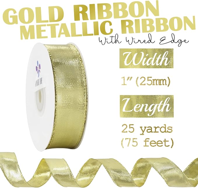 Gold Metallic Wired Ribbon 1 Inch x 25 Yards, Woven Ribbon - Image 2