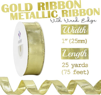 Gold Metallic Wired Ribbon 1 Inch x 25 Yards, Woven Ribbon - Image 2