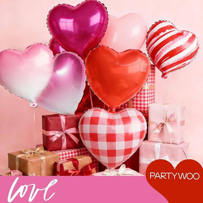 PartyWoo Pink Red Hot Red Pink Mylar Heart Foil 15pcs Balloons 18 Inch | - Image 4