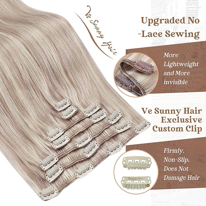 Ve Sunny Real Hair Extensions Clip in Human Hair Ash Blonde Highlight Bleach Blonde Remy Human Hair Clip in Extensions Straight 16inch 120g 7pcs