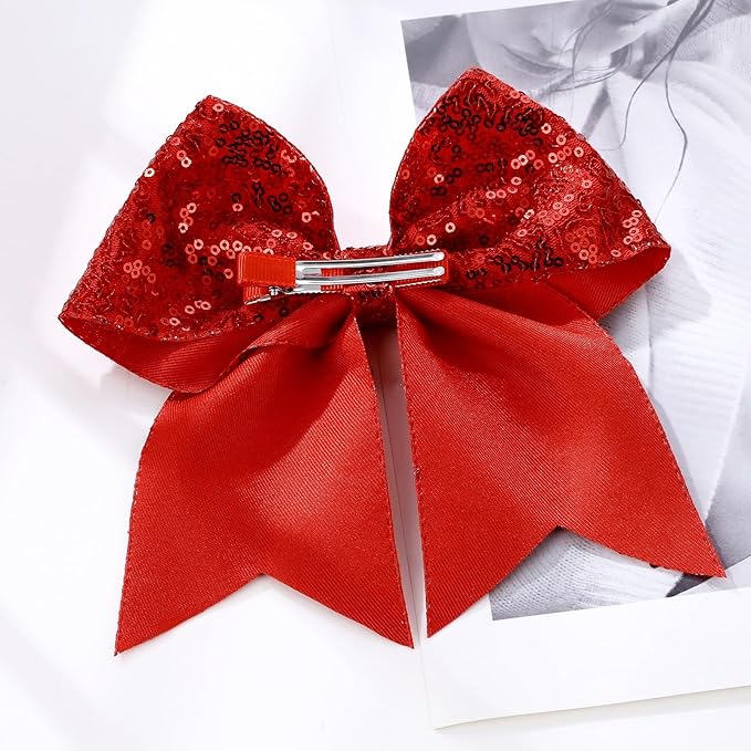 Large Glitter Cheer Bows Clips, Jumbo Big 7 Inch Cheerleading Sequin Hair Bow Hair Accessories for Teens Girls Football Sports Cheerleader Outfit Uniform (Red)
