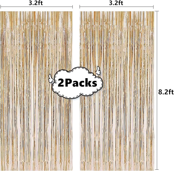 2 Pcs 3.2ft x 8.2ft Champagne Gold Metallic Tinsel Foil Fringe Curtains Photo - Image 2