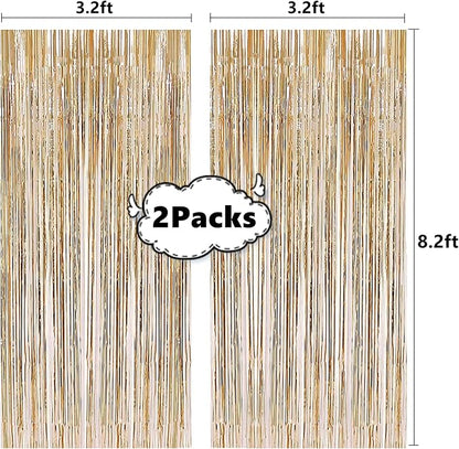 2 Pcs 3.2ft x 8.2ft Champagne Gold Metallic Tinsel Foil Fringe Curtains Photo - Image 2