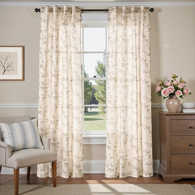 Taupe Vintage Floral Linen Curtains Farmhouse 38W X 90L 2 Panels | Elisa Series - Image 2