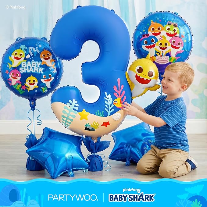 PartyWoo Baby Shark Blue Foil Round Star Mylar Number 3 Balloons 5pcs | Balloons - Image 2