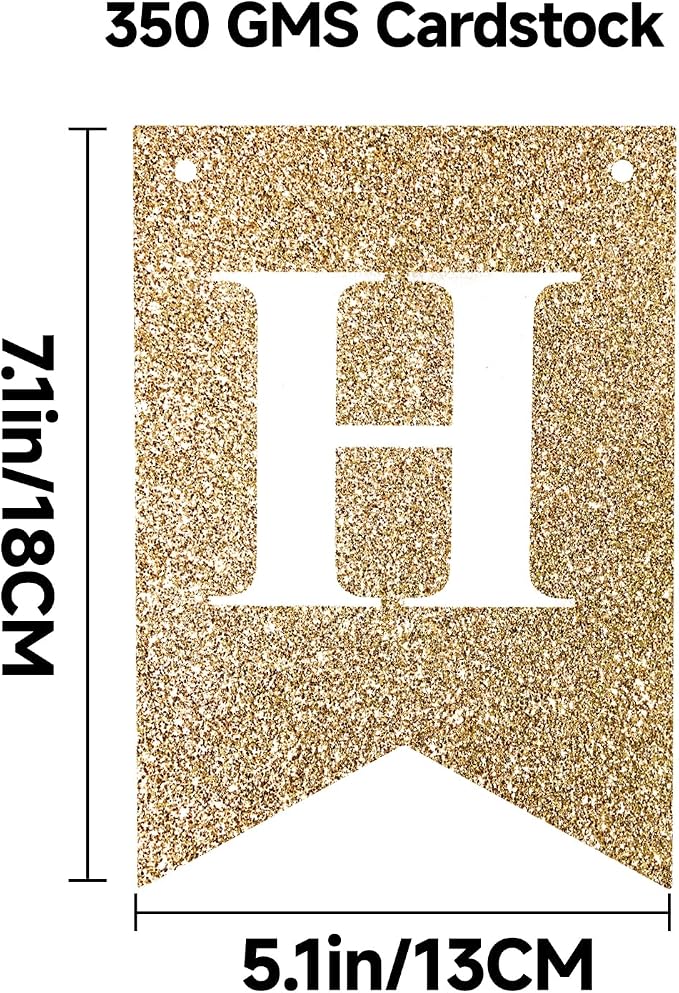Pre-Strung Gold Happy Birthday Banner Glitter Birthday Party Banner NO DIY | - Image 2