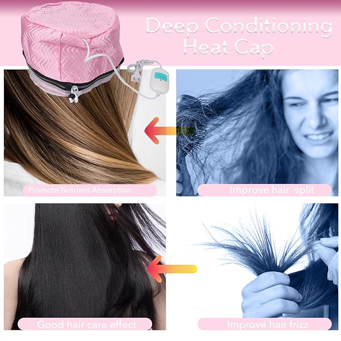 Hair Steamer Cap for Deep Conditioning, Adjustable Electric Heat Cap with 2 Heat Settings, Heated Hair Cap for Oil Treatment and Hair Spa, Portable Thermal Cap 110‑220V US Plug