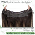 RUNATURE Wire Hair Extensions, Real Human Hair Extensions with Fish Line, Balayage Brown Roots Clip in One Piece Hair Extensions for Women, Straight Silky Natural Hair, 18 Inch 80g #2/2/6