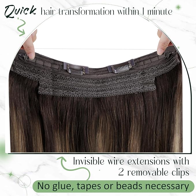 RUNATURE Wire Hair Extensions, Real Human Hair Extensions with Fish Line, Balayage Brown Roots Clip in One Piece Hair Extensions for Women, Straight Silky Natural Hair, 18 Inch 80g #2/2/6