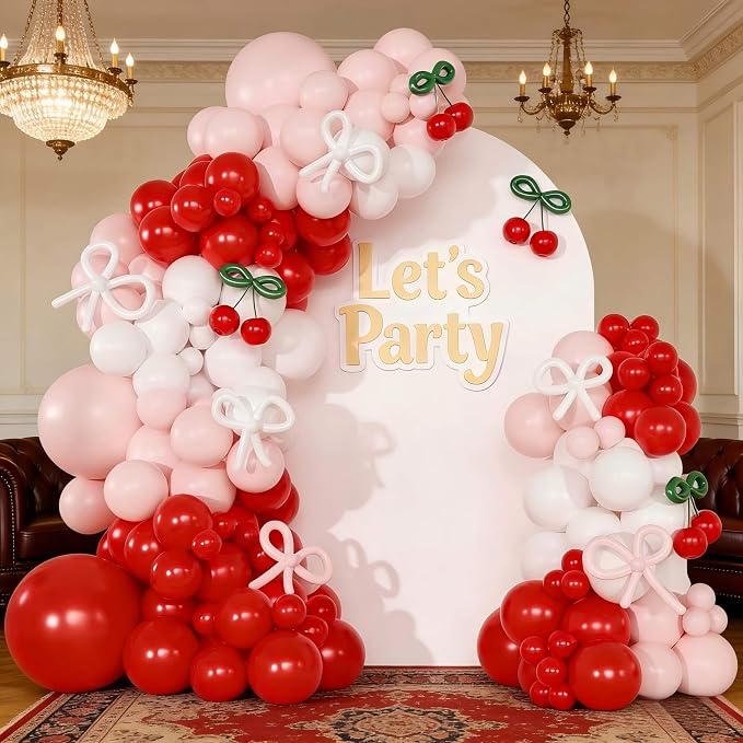 Cherry Red Balloon Garland Arch Kit, Bow Pastel Pink White 260 Balloons by Unknown