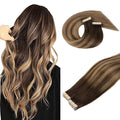 DOORES Tape in Hair Extensions Human Hair, Balayage Chocolate Brown to Caramel Blonde 18 Inch 100g 40pcs, Hair Extensions Tape in Seamless Straight Real Remy Hair