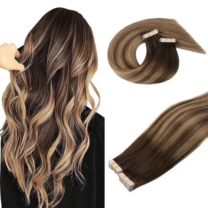DOORES Tape in Hair Extensions Human Hair, Balayage Chocolate Brown to Caramel Blonde 18 Inch 100g 40pcs, Hair Extensions Tape in Seamless Straight Real Remy Hair