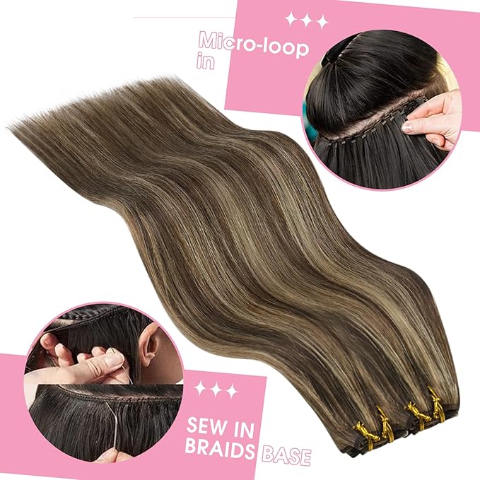 YoungSee Human Hair Sew in Extensions Brown Highlight Hair Extensions Weft Dark Brown Mix Caramel Blonde Sew in Bundles Human Hair One Piece for DIY 16Inch 100G