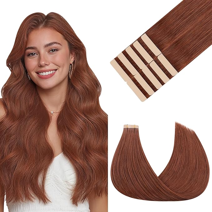 GOO GOO Tape in Hair Extensions Human Hair, #33B Dark Auburn Copper, 14inch 25g 10pcs, Skin Weft Seamless Invisible, Silky Straight with Thick Ends, Remy Human Hair